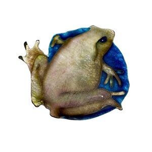 Liz Powers Frog Pendant Signed 1984 Brown Green Frog Blue Enamel Pendant Jewelry
